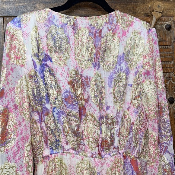 Hemant & Nandita Amal Long Dress • Lilac Gold Metallic Floral Maxi • Size Small - Picture 9 of 11